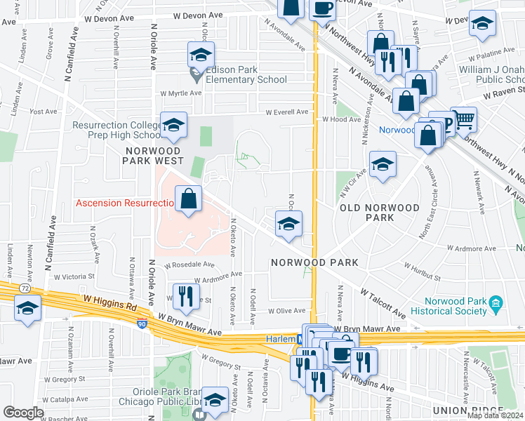 map of restaurants, bars, coffee shops, grocery stores, and more near 5920 North Odell Avenue in Chicago