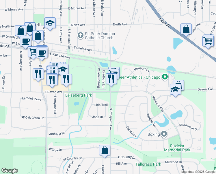 map of restaurants, bars, coffee shops, grocery stores, and more near 394 South Prospect Avenue in Bartlett