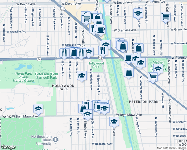 map of restaurants, bars, coffee shops, grocery stores, and more near 5847 North Christiana Avenue in Chicago