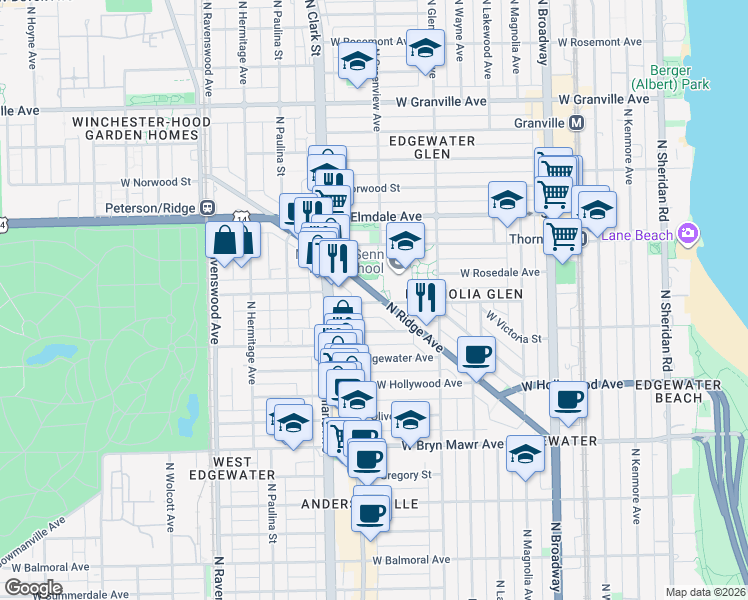 map of restaurants, bars, coffee shops, grocery stores, and more near 5860 North Ridge Avenue in Chicago