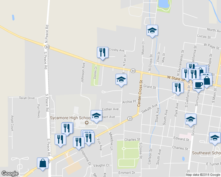 map of restaurants, bars, coffee shops, grocery stores, and more near 845 Sunset Lane in Sycamore