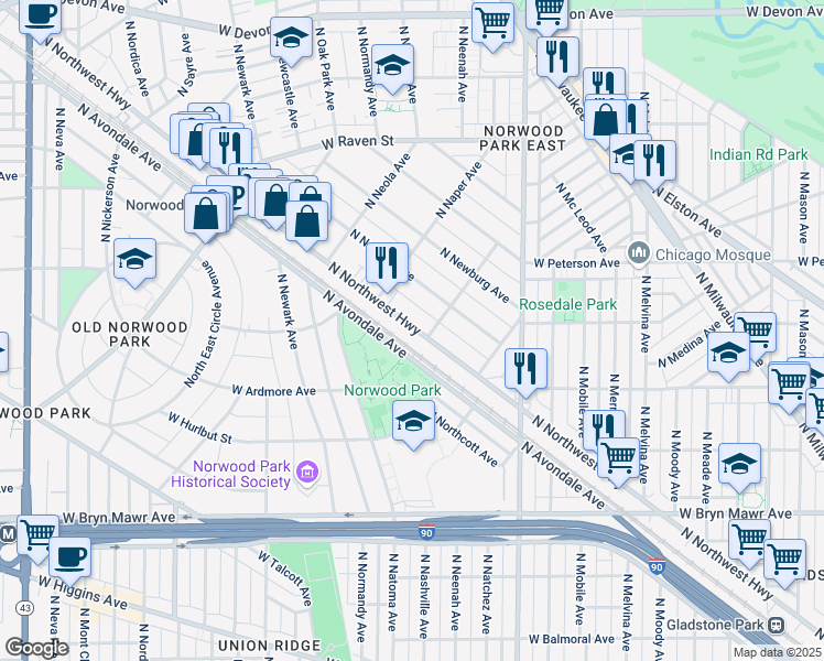map of restaurants, bars, coffee shops, grocery stores, and more near 5870 North Northwest Highway in Chicago