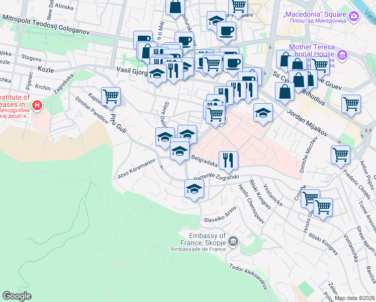 map of restaurants, bars, coffee shops, grocery stores, and more near Vodnjanska in Skopje