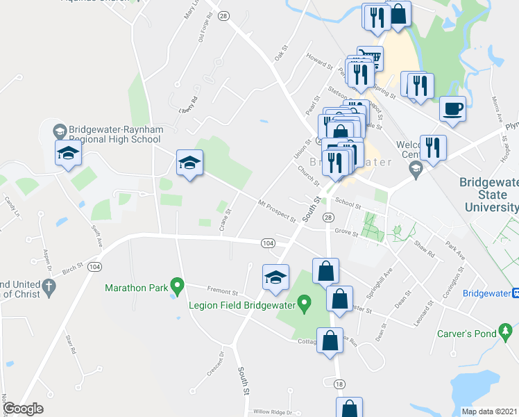 map of restaurants, bars, coffee shops, grocery stores, and more near 50 Mount Prospect Street in Bridgewater
