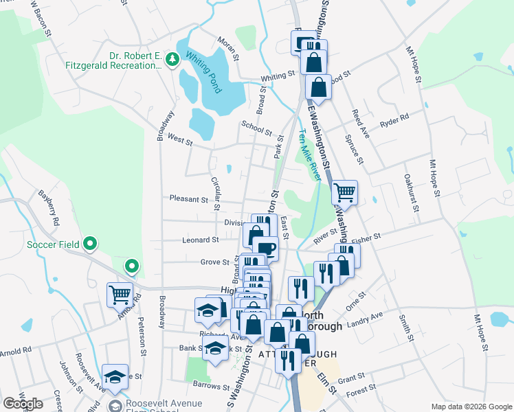 map of restaurants, bars, coffee shops, grocery stores, and more near 2 Dean Court in North Attleborough