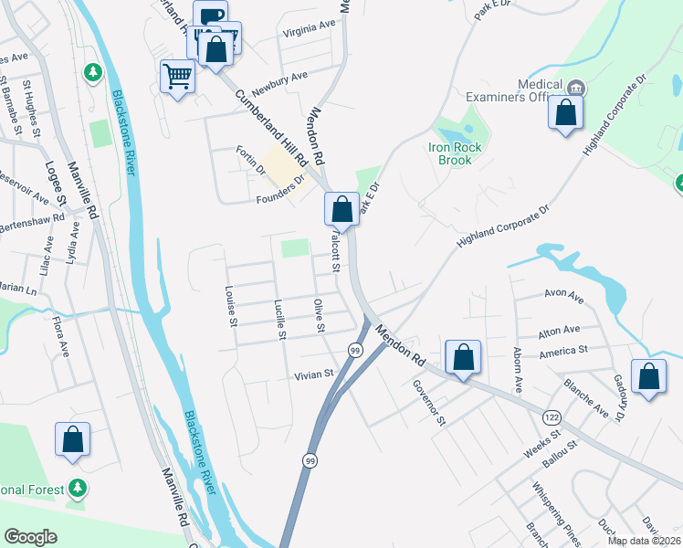 map of restaurants, bars, coffee shops, grocery stores, and more near 204 Talcott Street in Woonsocket