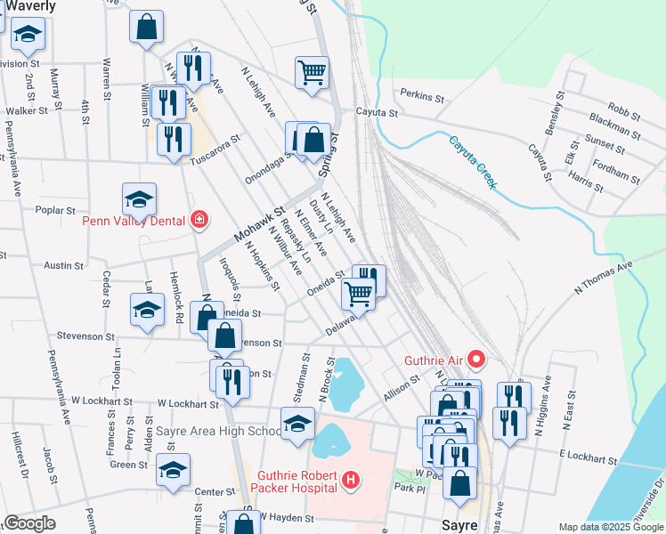 map of restaurants, bars, coffee shops, grocery stores, and more near 100-198 Oneida Street in Sayre