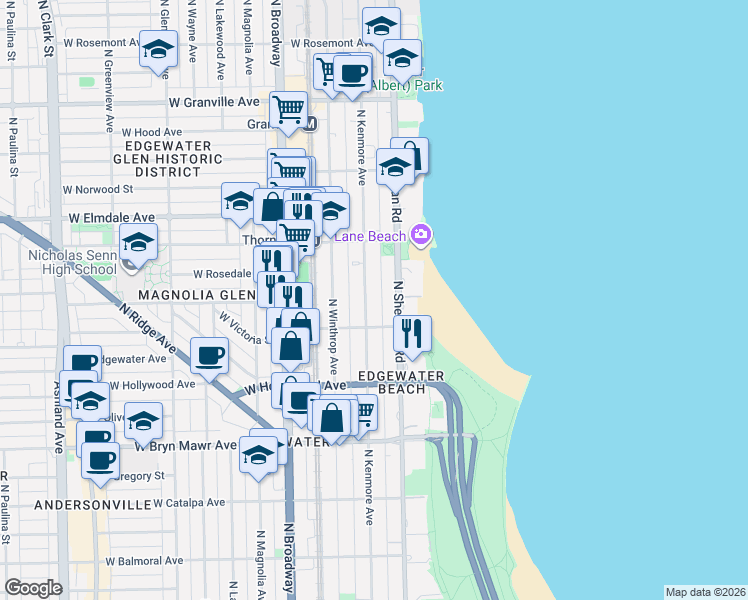 map of restaurants, bars, coffee shops, grocery stores, and more near 5822 North Kenmore Avenue in Chicago