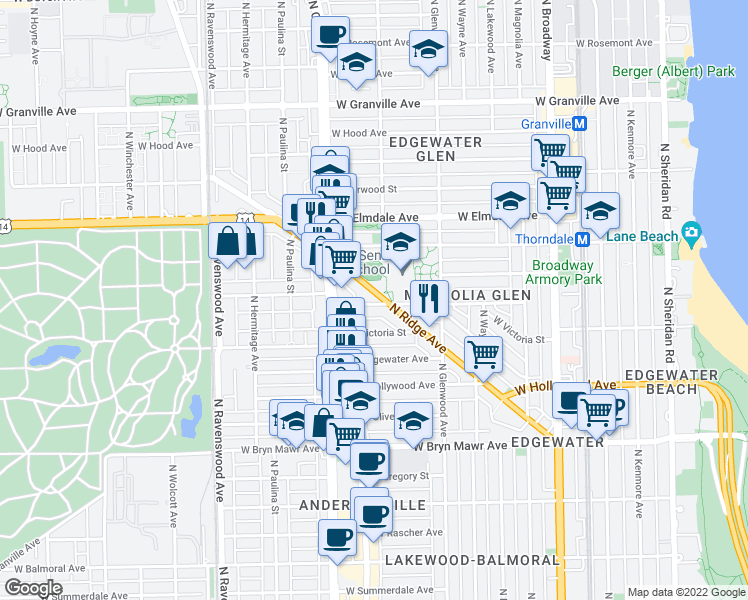 map of restaurants, bars, coffee shops, grocery stores, and more near 5840 North Ridge Avenue in Chicago