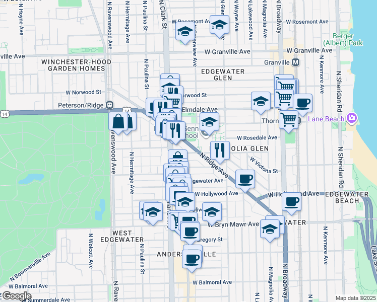 map of restaurants, bars, coffee shops, grocery stores, and more near 1535 West Ardmore Avenue in Chicago
