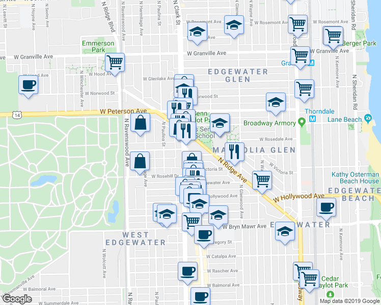 map of restaurants, bars, coffee shops, grocery stores, and more near 1535 West Ardmore Avenue in Chicago