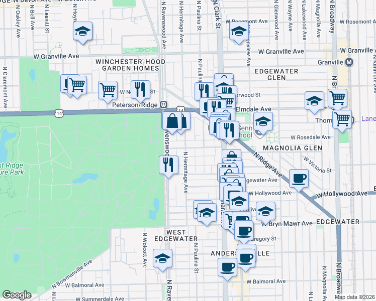 map of restaurants, bars, coffee shops, grocery stores, and more near 5844 North Hermitage Avenue in Chicago