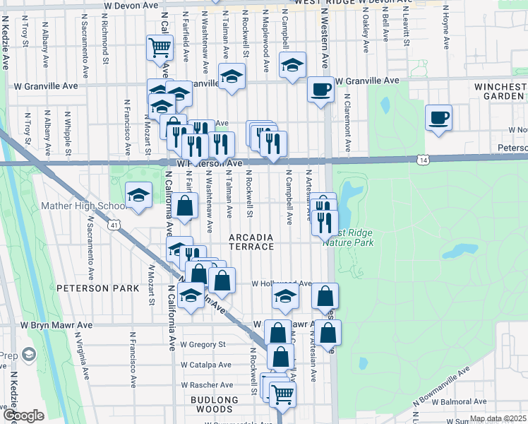 map of restaurants, bars, coffee shops, grocery stores, and more near 5841 North Maplewood Avenue in Chicago