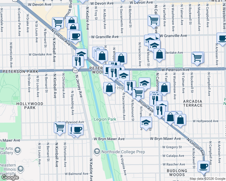 map of restaurants, bars, coffee shops, grocery stores, and more near 5843 North Whipple Street in Chicago