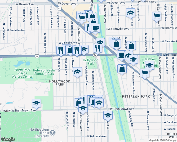 map of restaurants, bars, coffee shops, grocery stores, and more near 5847 North Christiana Avenue in Chicago