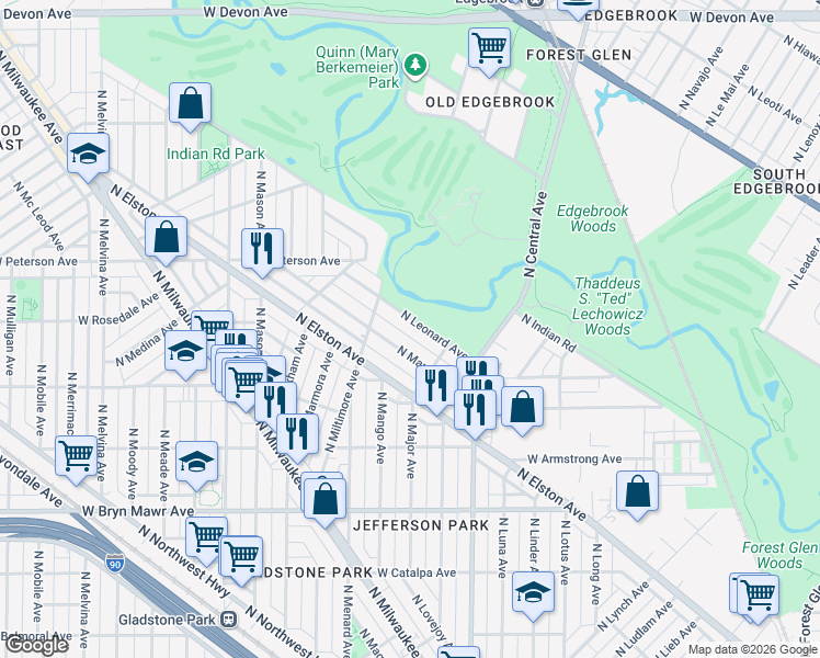 map of restaurants, bars, coffee shops, grocery stores, and more near 5837 North Manton Avenue in Chicago