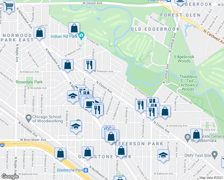 map of restaurants, bars, coffee shops, grocery stores, and more near 5865 North Elston Avenue in Chicago