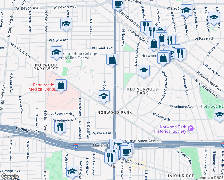 map of restaurants, bars, coffee shops, grocery stores, and more near 5870 Illinois 43 in Chicago