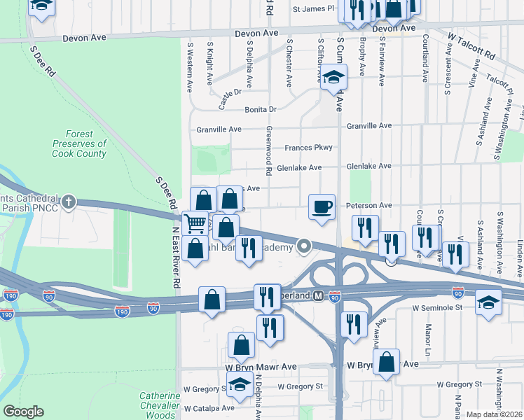 map of restaurants, bars, coffee shops, grocery stores, and more near 1205 Peterson Avenue in Park Ridge