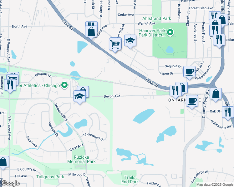 map of restaurants, bars, coffee shops, grocery stores, and more near 272 Devon Avenue in Roselle