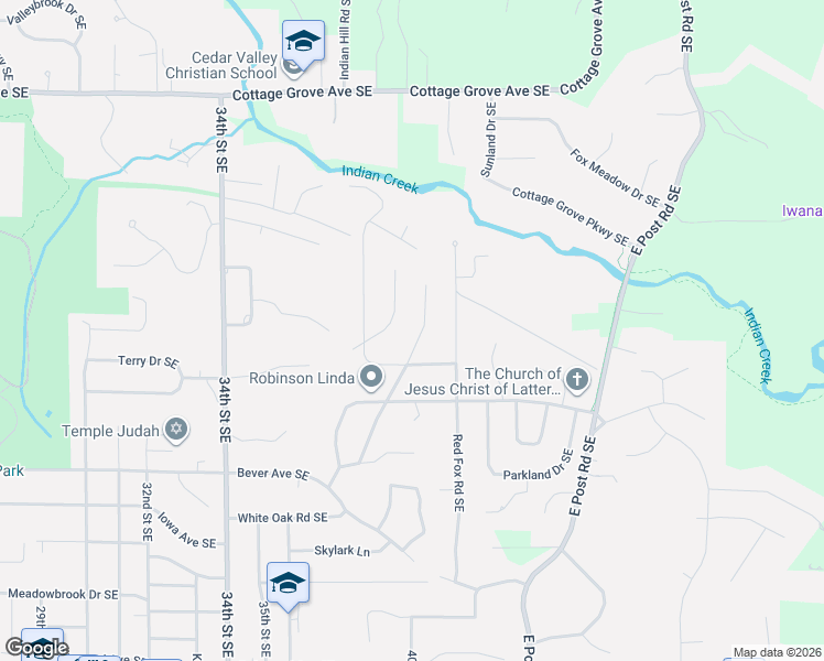 map of restaurants, bars, coffee shops, grocery stores, and more near 285 Indiandale Road Southeast in Cedar Rapids