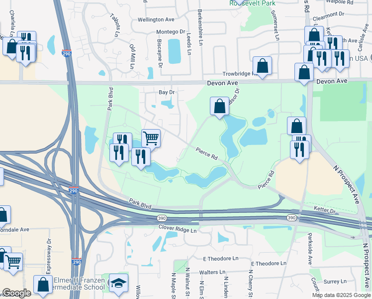 map of restaurants, bars, coffee shops, grocery stores, and more near 150 Pierce Road in Itasca