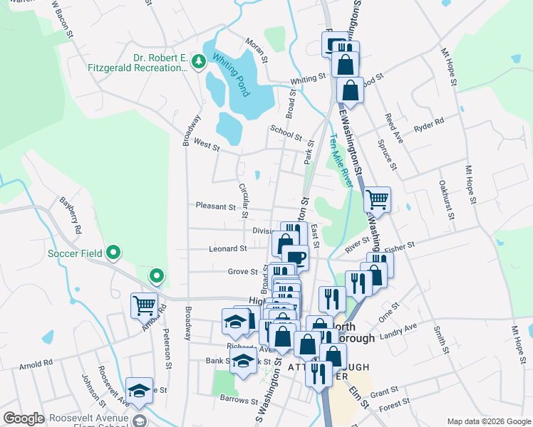 map of restaurants, bars, coffee shops, grocery stores, and more near 37 Circular Street in North Attleborough