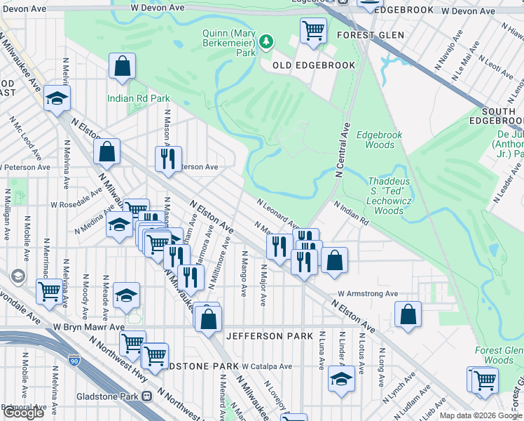 map of restaurants, bars, coffee shops, grocery stores, and more near 5837 North Manton Avenue in Chicago