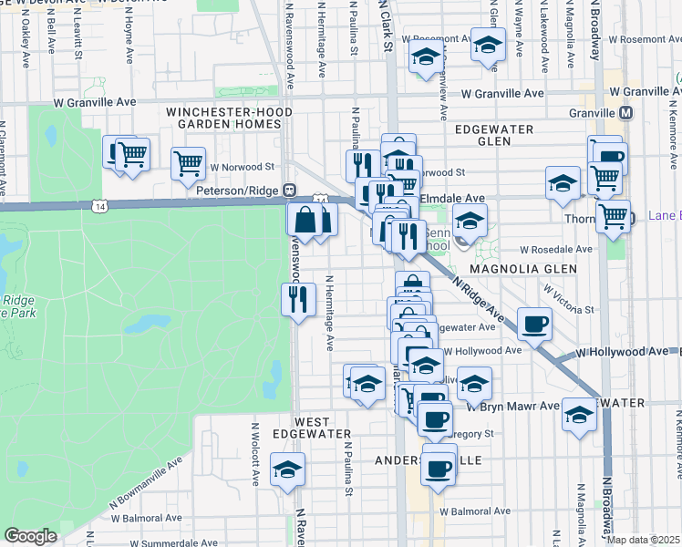 map of restaurants, bars, coffee shops, grocery stores, and more near 1723 West Thorndale Avenue in Chicago