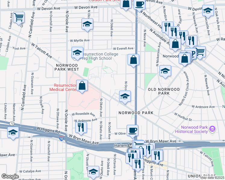 map of restaurants, bars, coffee shops, grocery stores, and more near 5916 North Odell Avenue in Chicago