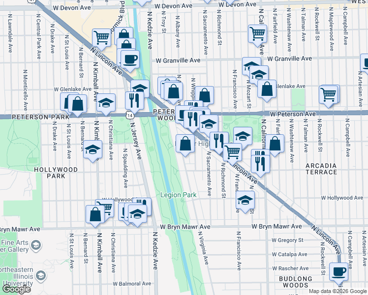 map of restaurants, bars, coffee shops, grocery stores, and more near 5843 North Virginia Avenue in Chicago