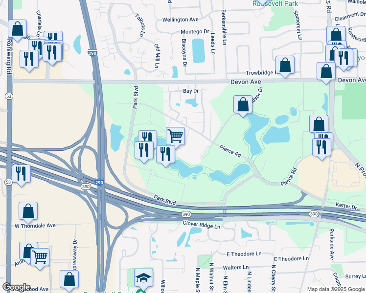 map of restaurants, bars, coffee shops, grocery stores, and more near 2 Pierce Place in Itasca