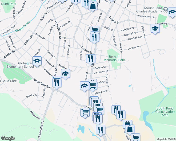 map of restaurants, bars, coffee shops, grocery stores, and more near 1119 Park Avenue in Woonsocket