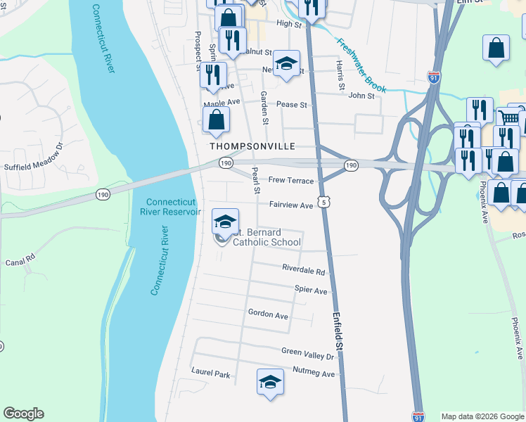 map of restaurants, bars, coffee shops, grocery stores, and more near 243C Pearl Street in Enfield