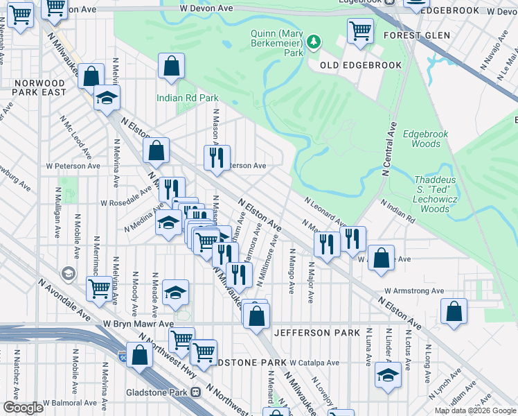 map of restaurants, bars, coffee shops, grocery stores, and more near 5861 North Elston Avenue in Chicago