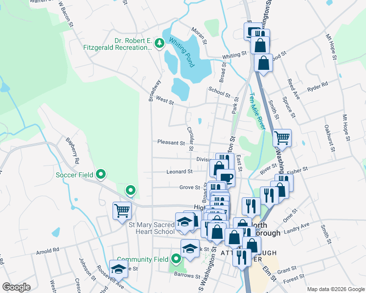 map of restaurants, bars, coffee shops, grocery stores, and more near 48 Pleasant Street in North Attleborough