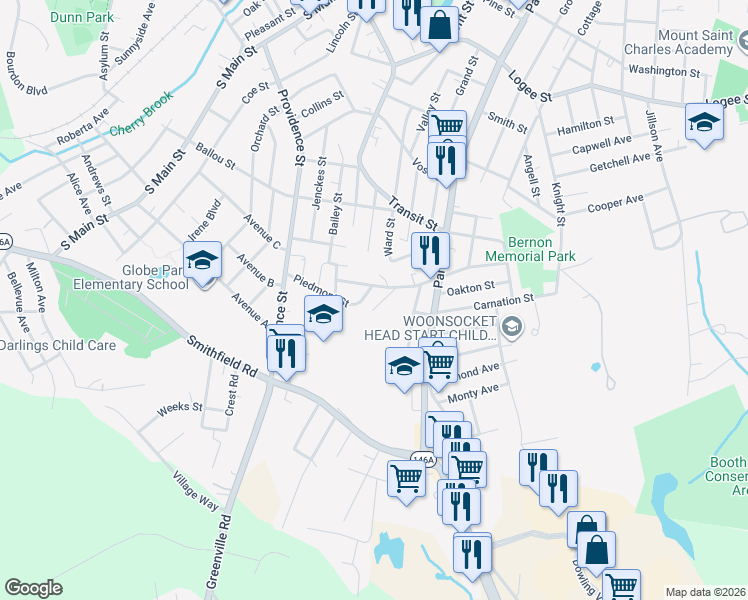 map of restaurants, bars, coffee shops, grocery stores, and more near 179 Piedmont Street in Woonsocket
