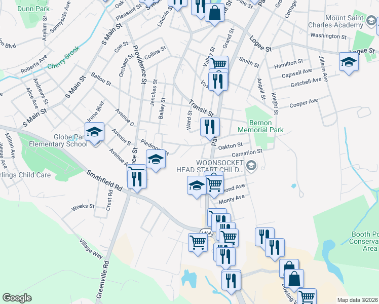map of restaurants, bars, coffee shops, grocery stores, and more near 4 Admiral Street in Woonsocket