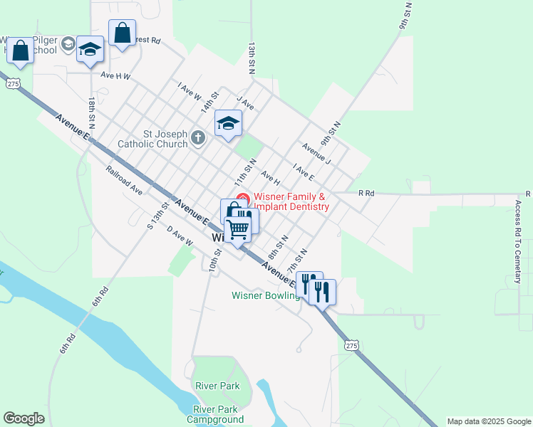 map of restaurants, bars, coffee shops, grocery stores, and more near 609 9th Street North in Wisner