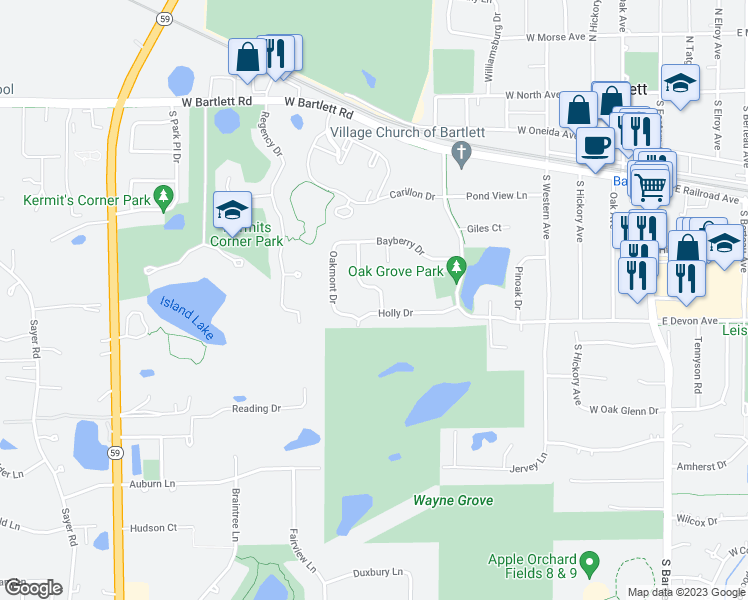 map of restaurants, bars, coffee shops, grocery stores, and more near 342 Terrace Drive in Bartlett