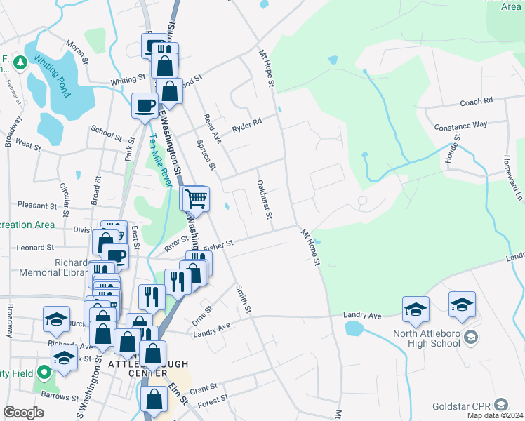 map of restaurants, bars, coffee shops, grocery stores, and more near 25 Oakhurst Street in North Attleborough