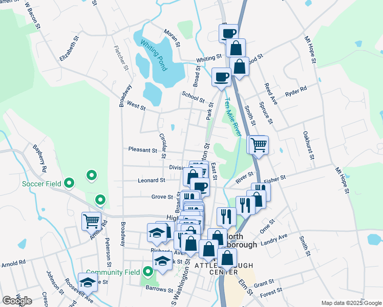 map of restaurants, bars, coffee shops, grocery stores, and more near 2 Dean Court in North Attleborough