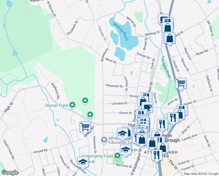 map of restaurants, bars, coffee shops, grocery stores, and more near 111 Division Street in North Attleborough