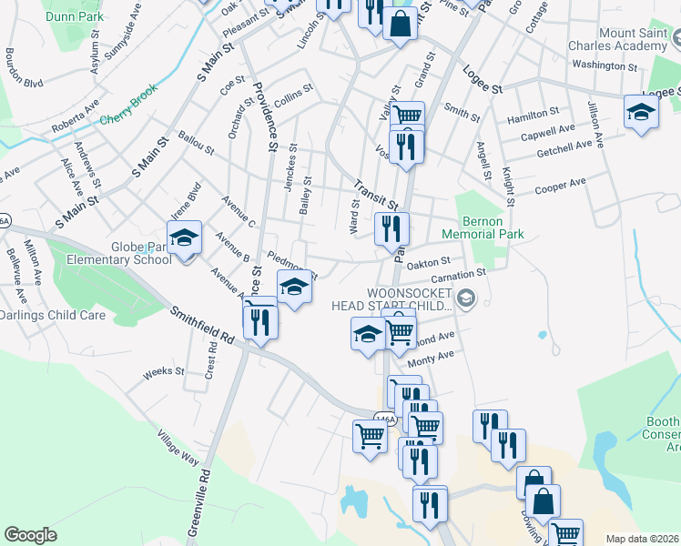 map of restaurants, bars, coffee shops, grocery stores, and more near 179 Piedmont Street in Woonsocket