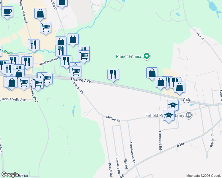 map of restaurants, bars, coffee shops, grocery stores, and more near 111 Hazard Avenue in Enfield
