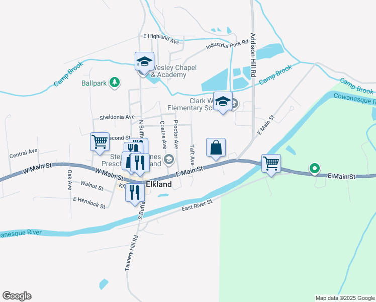 map of restaurants, bars, coffee shops, grocery stores, and more near 108 Proctor Avenue in Elkland