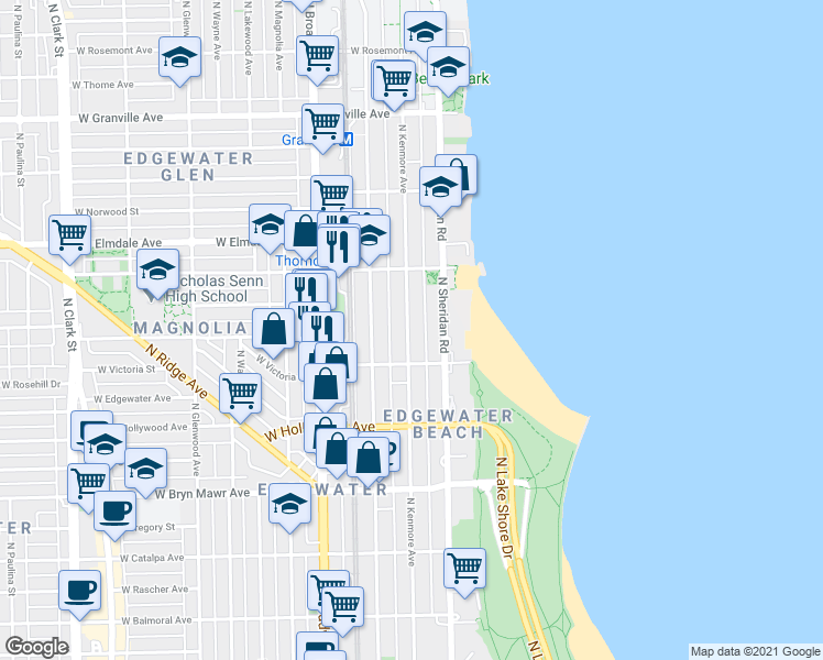 map of restaurants, bars, coffee shops, grocery stores, and more near 5822 North Kenmore Avenue in Chicago