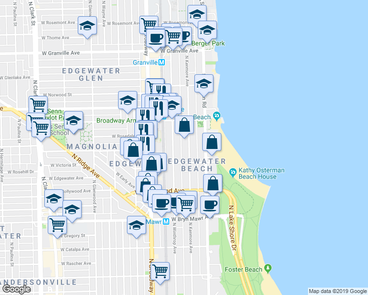 map of restaurants, bars, coffee shops, grocery stores, and more near 5822 North Kenmore Avenue in Chicago