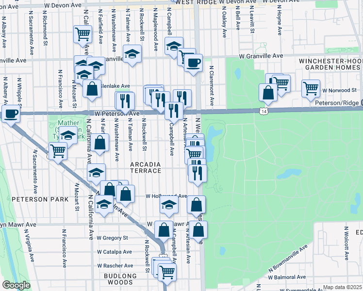 map of restaurants, bars, coffee shops, grocery stores, and more near 5841 North Campbell Avenue in Chicago