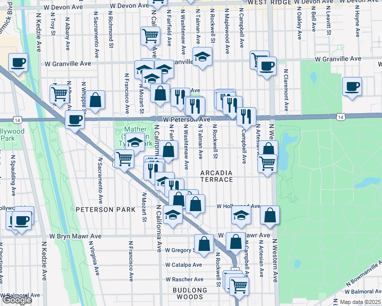 map of restaurants, bars, coffee shops, grocery stores, and more near 5840 North Talman Avenue in Chicago